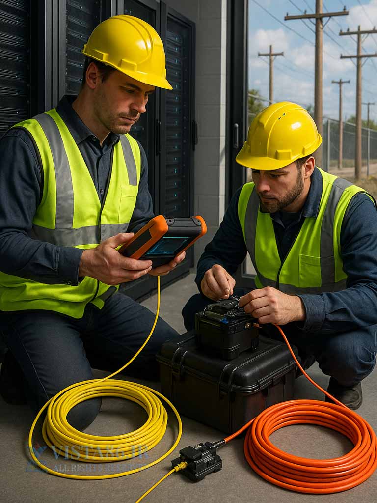 تکنسین‌ها در حال نصب کابل فیبر نوری دراپ