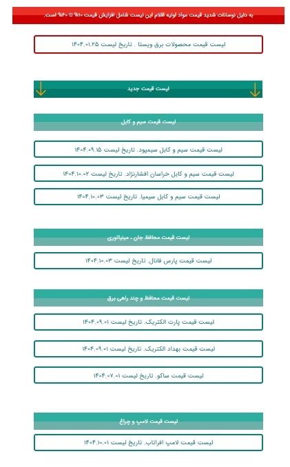 لیست قیمت سیم و کابل، لیست قیمت بروز سیم و کابل، لیست قیمت امروز، لیست قیمت لامپ ال ای دی 