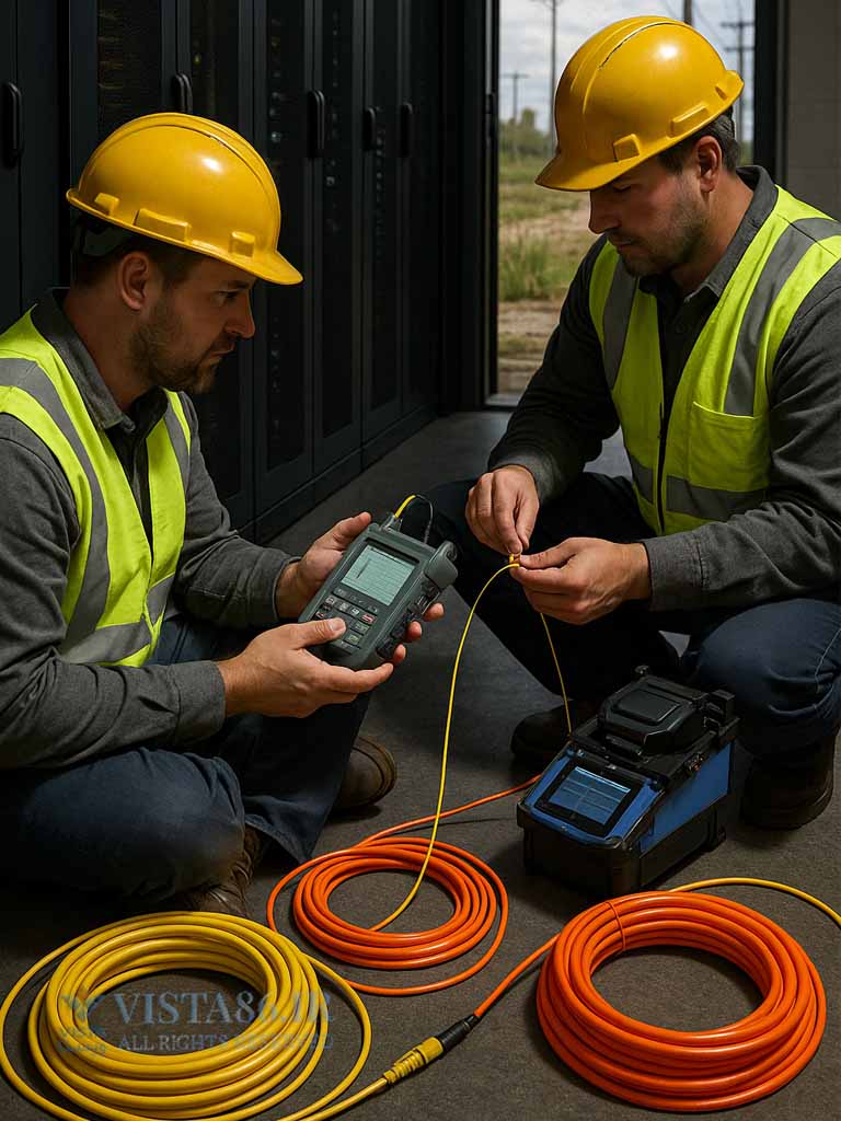 تکنسینها در حال نصب کابل فیبر نوری در دیتاسنتر و فضای باز